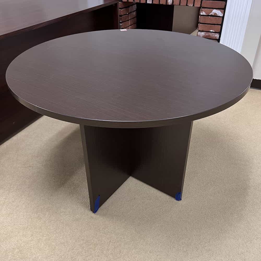 round espresso laminate break room table with x base