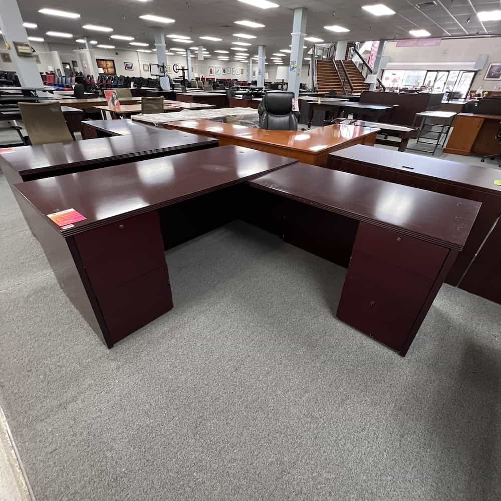 dark mahogany veneer desk with fluted edge, right return