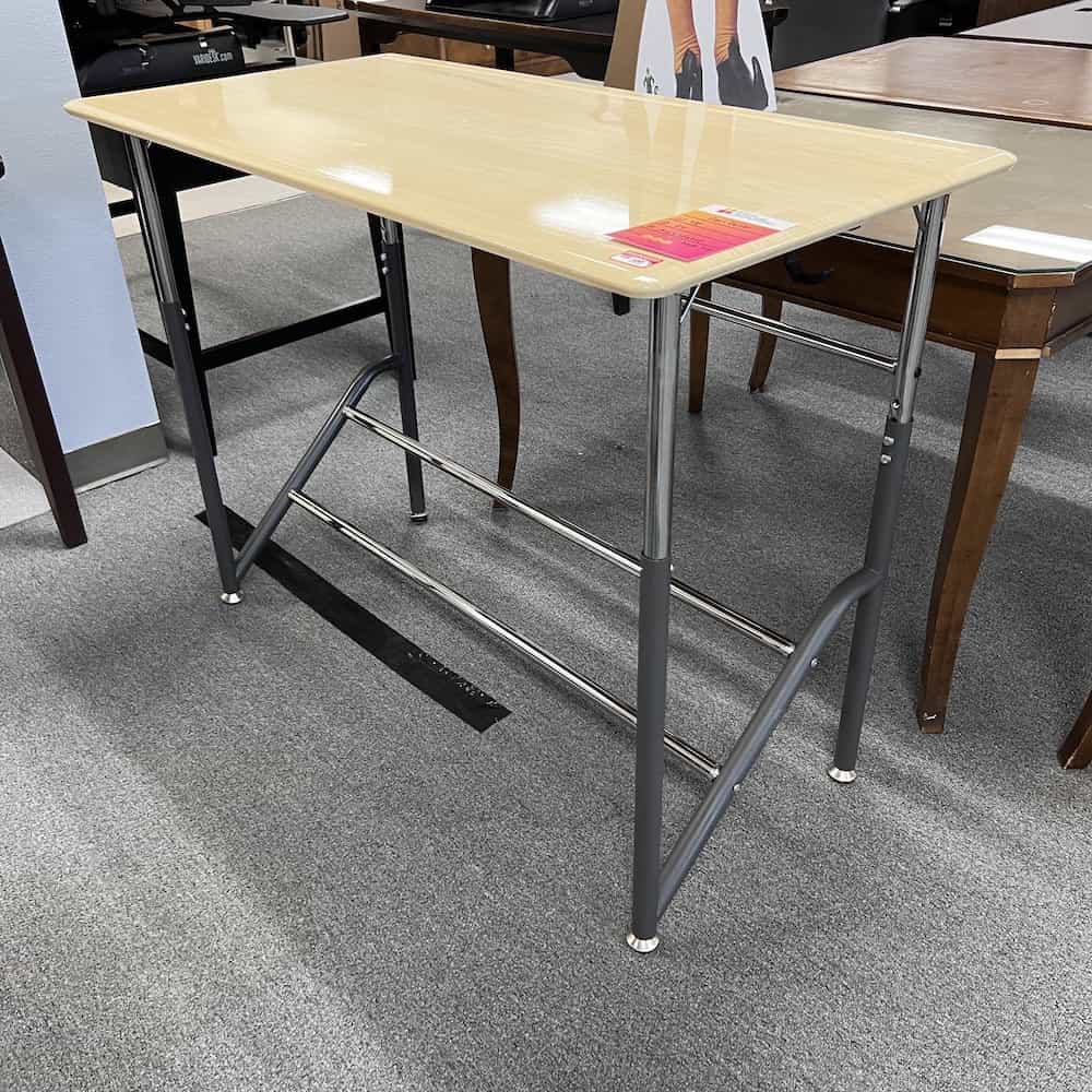 vari desk bambo top, silver legs, student desk with adjustable height