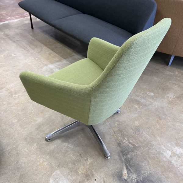 green swivel arm chairs with chrome base, modern, back