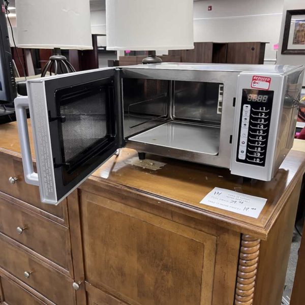 silver commercial microwave, open