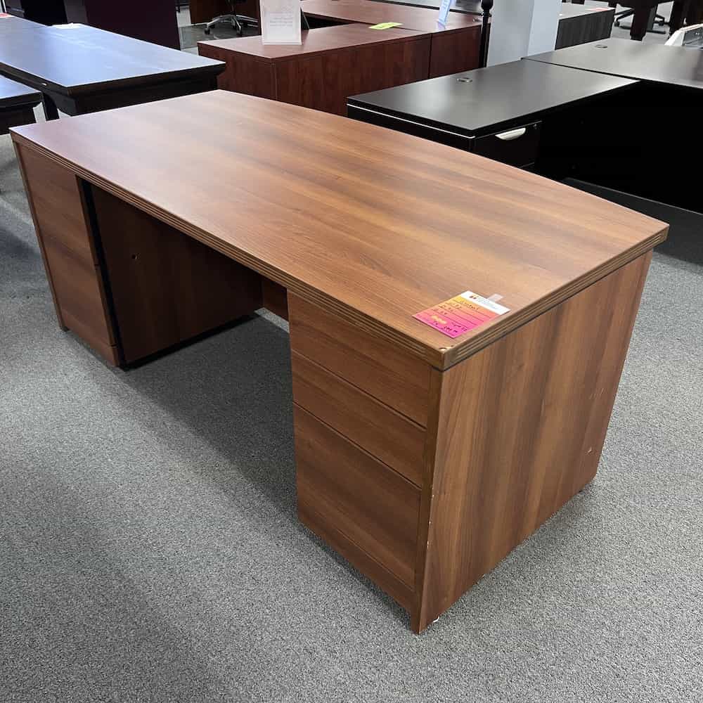 honey laminate bow front desk with two drawer pedestals, box/box/file, and file/file