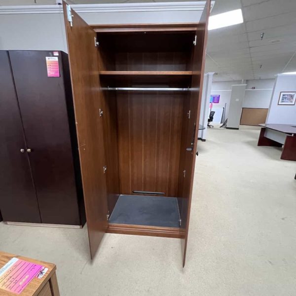 cherry wood wardrobe with clothes hanger and shelf, open