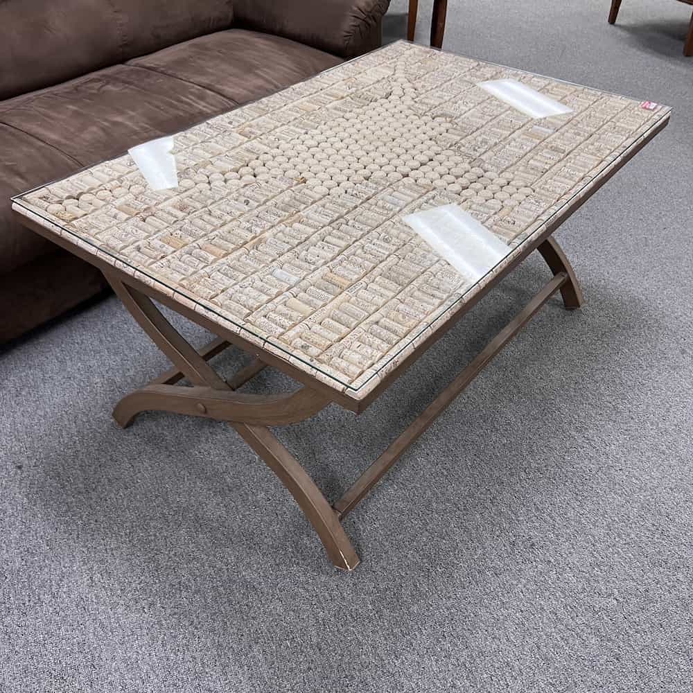 coffee table rectangle with wine cork pattern into a long horn steer and glass top