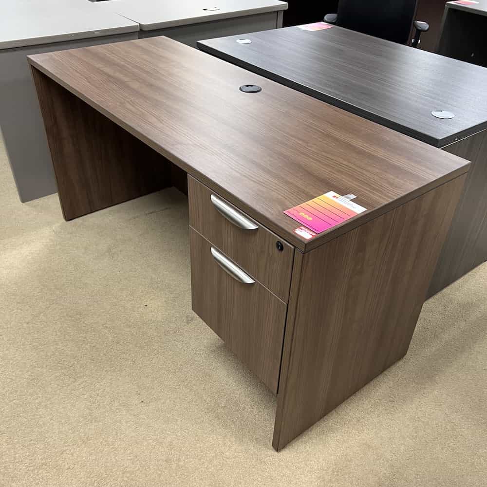 walnut laminate desk with right hanging file with silver pulls