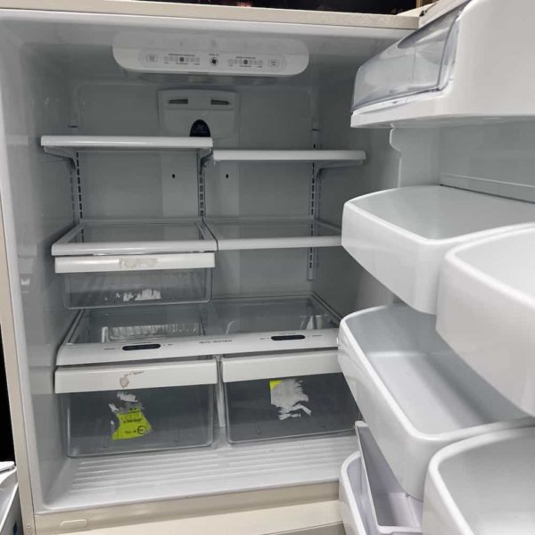 almond fridge, inside, white glass shelving
