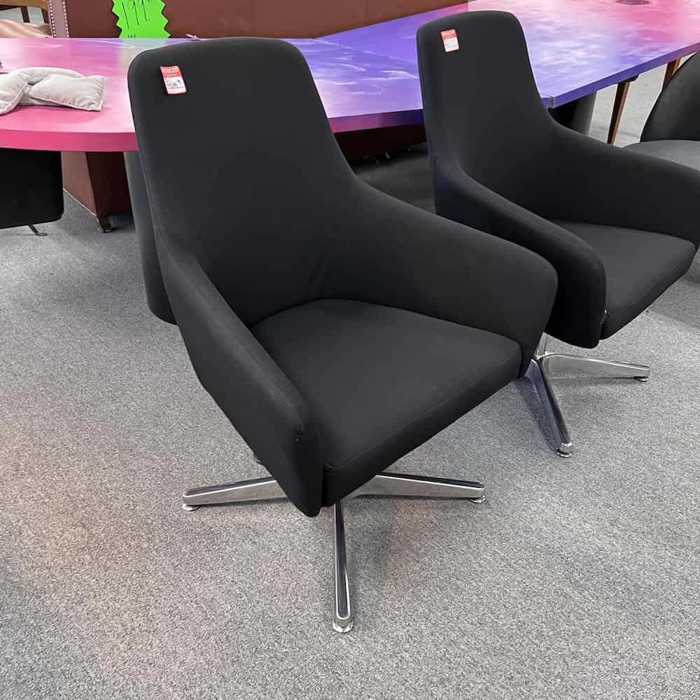 black swivel arm chairs with chrome base, modern, front