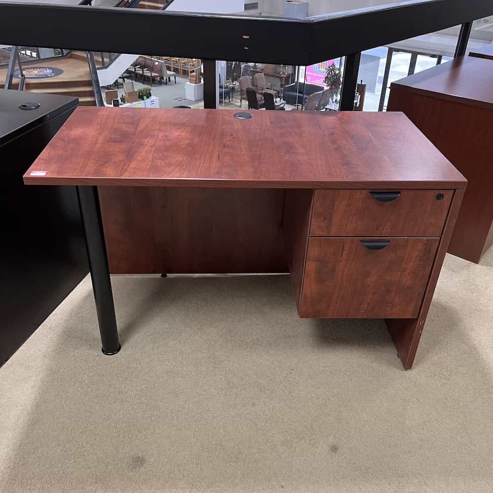 cherry 48 x 30, laminate desk with hanging box/file on right side, black pole on left side