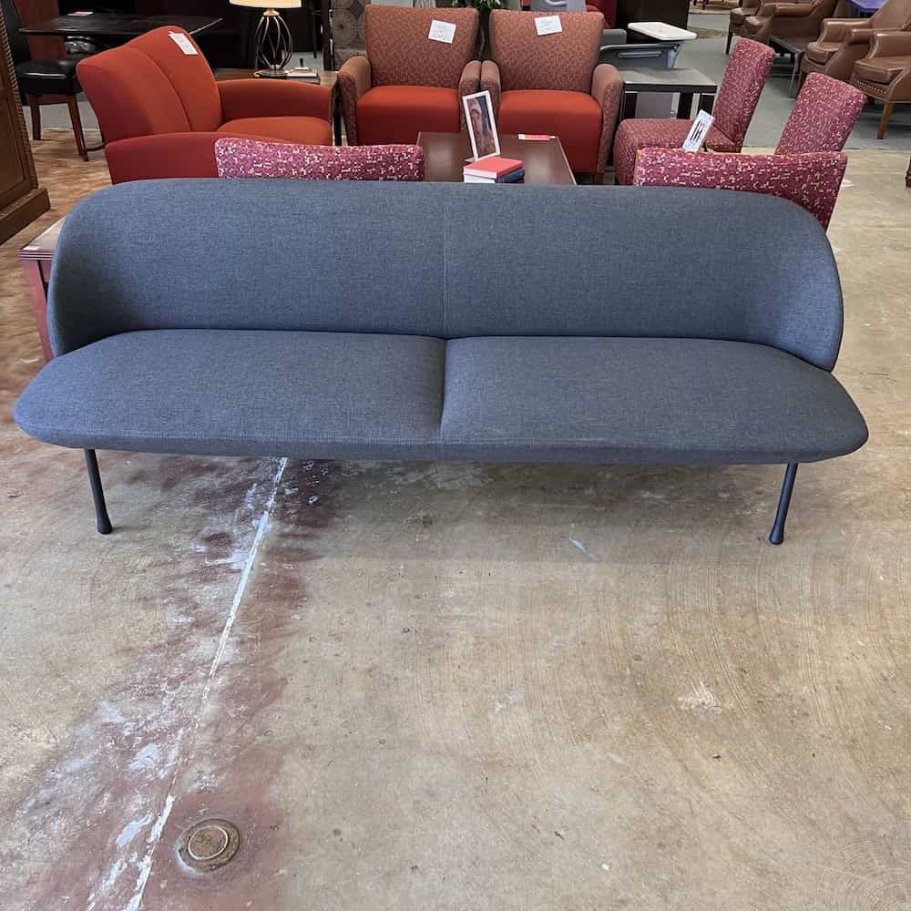 vari modern sofa bench rounded edges, grey heather upholstery, peg legs, front view