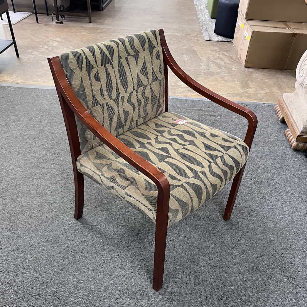 tan and grey guest chair with cherry arms