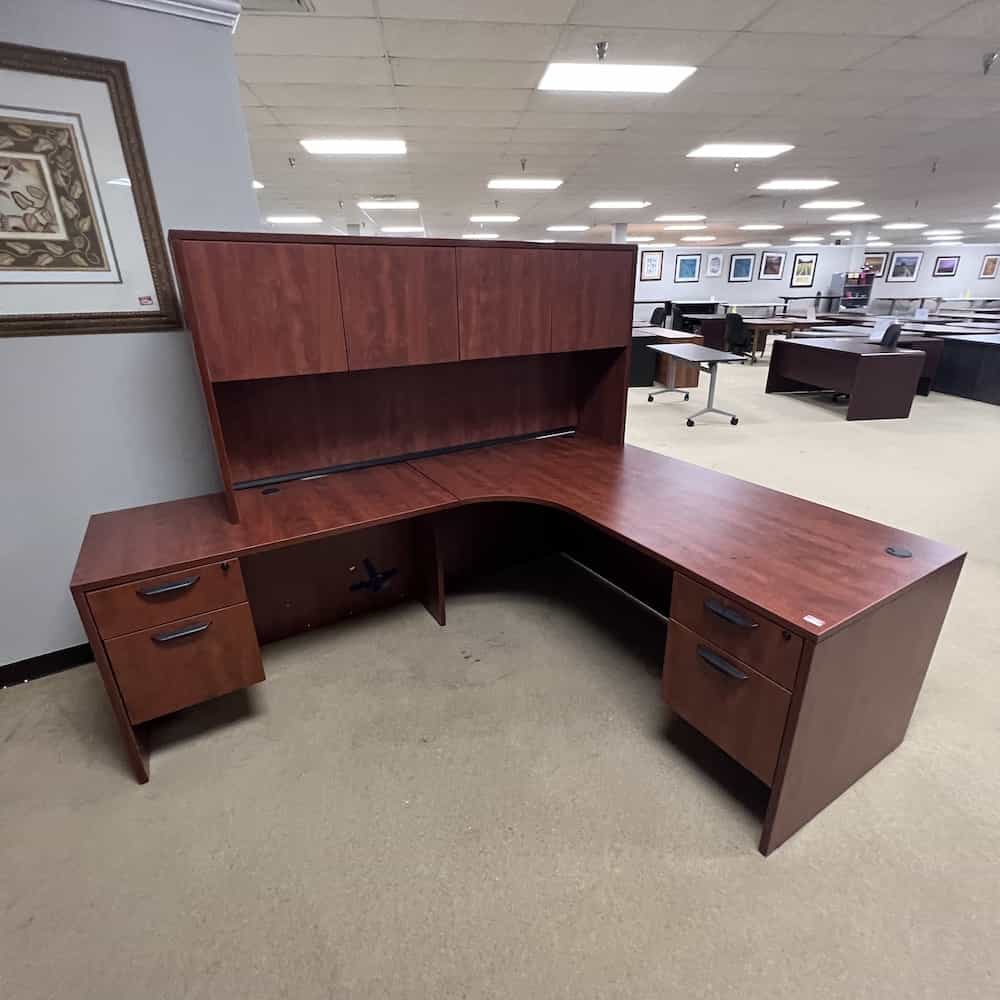 cherry laminate with black pulls L-desk with hutch
