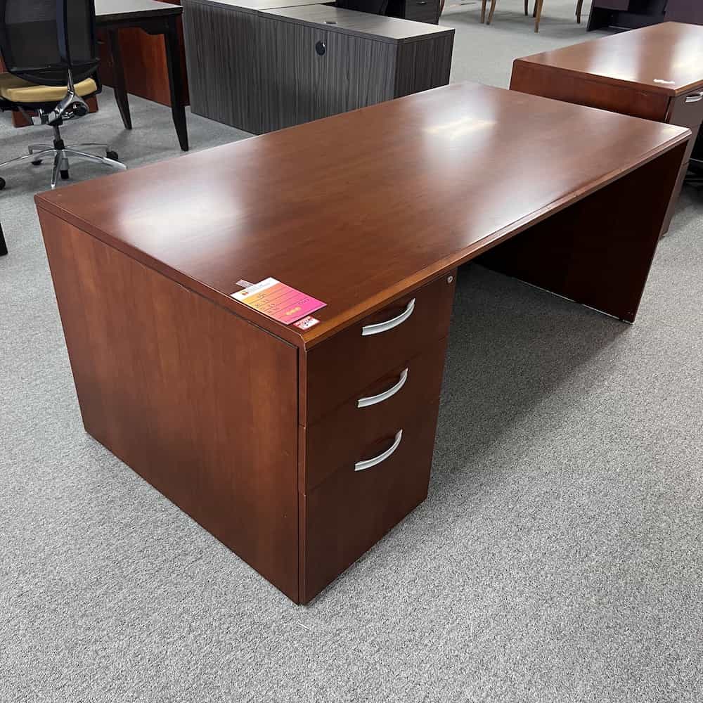 cherry desk with silver pulls, 72 inches by 36 inches