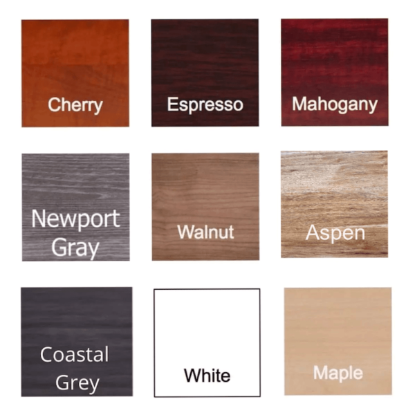 image of laminate finish colors of cherry, espresso,mahogany,newport grey, walnut, aspen, coastal grey, white, and maple