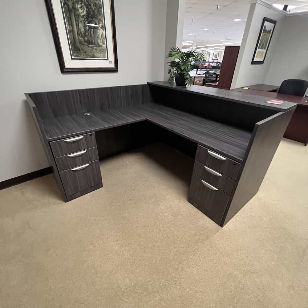 grey reception desk with two pedestal files, left return