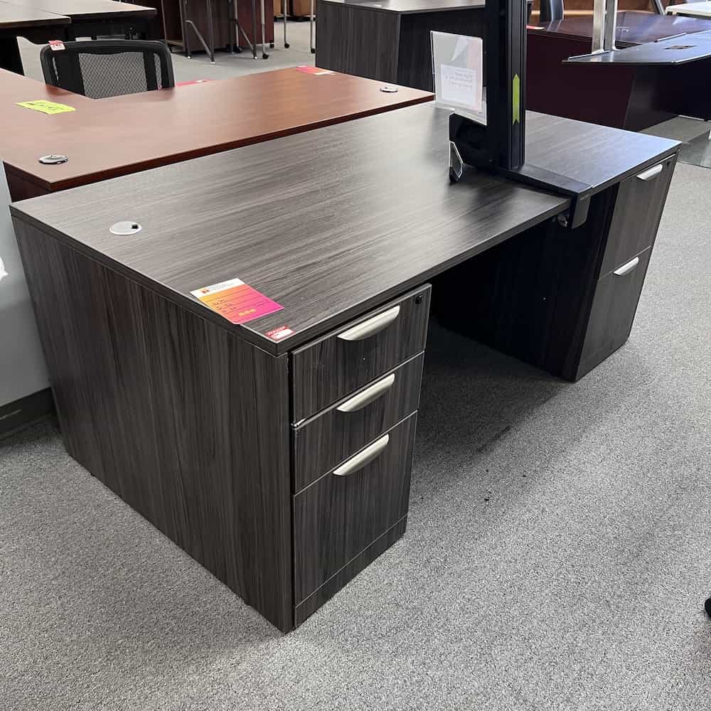 grey desk with silver pulls, and 2 pedestal files