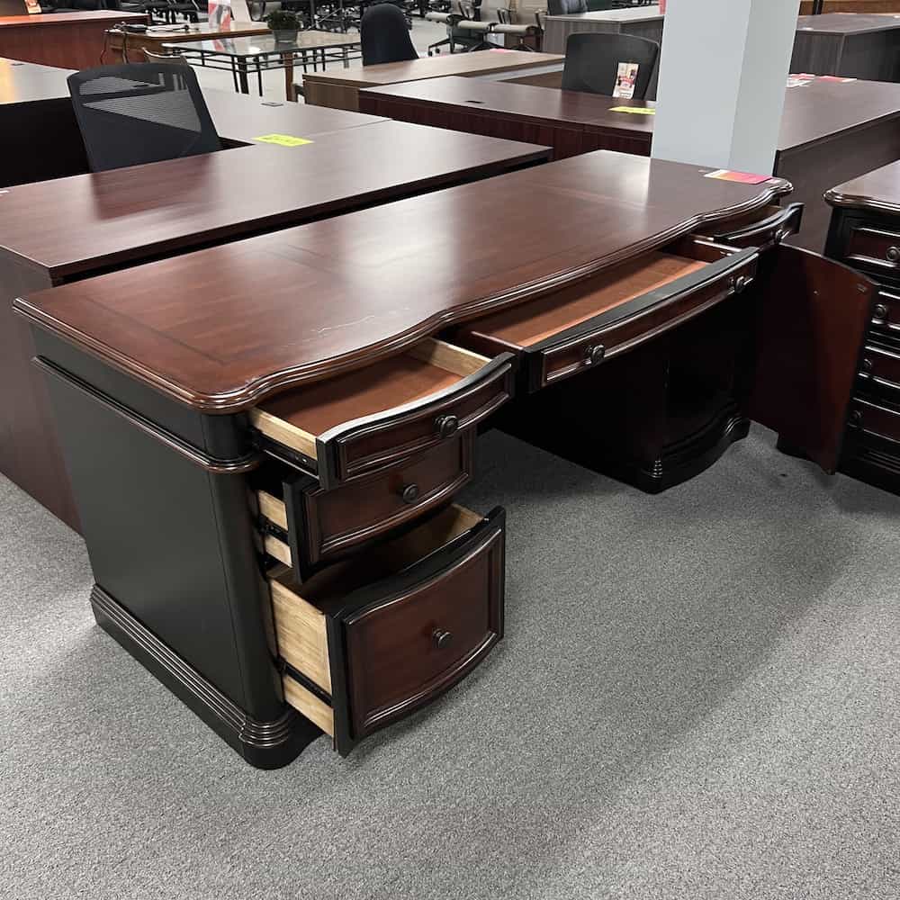 Mahogany and Espresso Two Tone Executive Credenza Desk with 1 Pedestal File, open view
