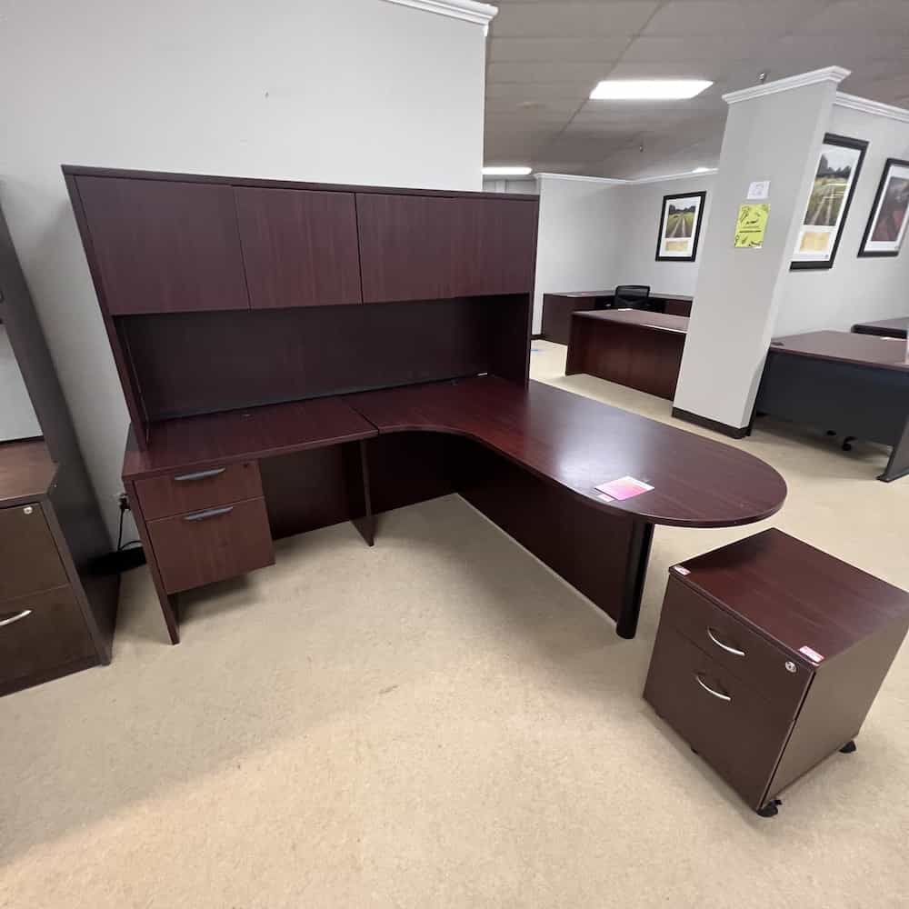 Mahogany Bullet Nose L-desk with Hutch and 1 Hanging File