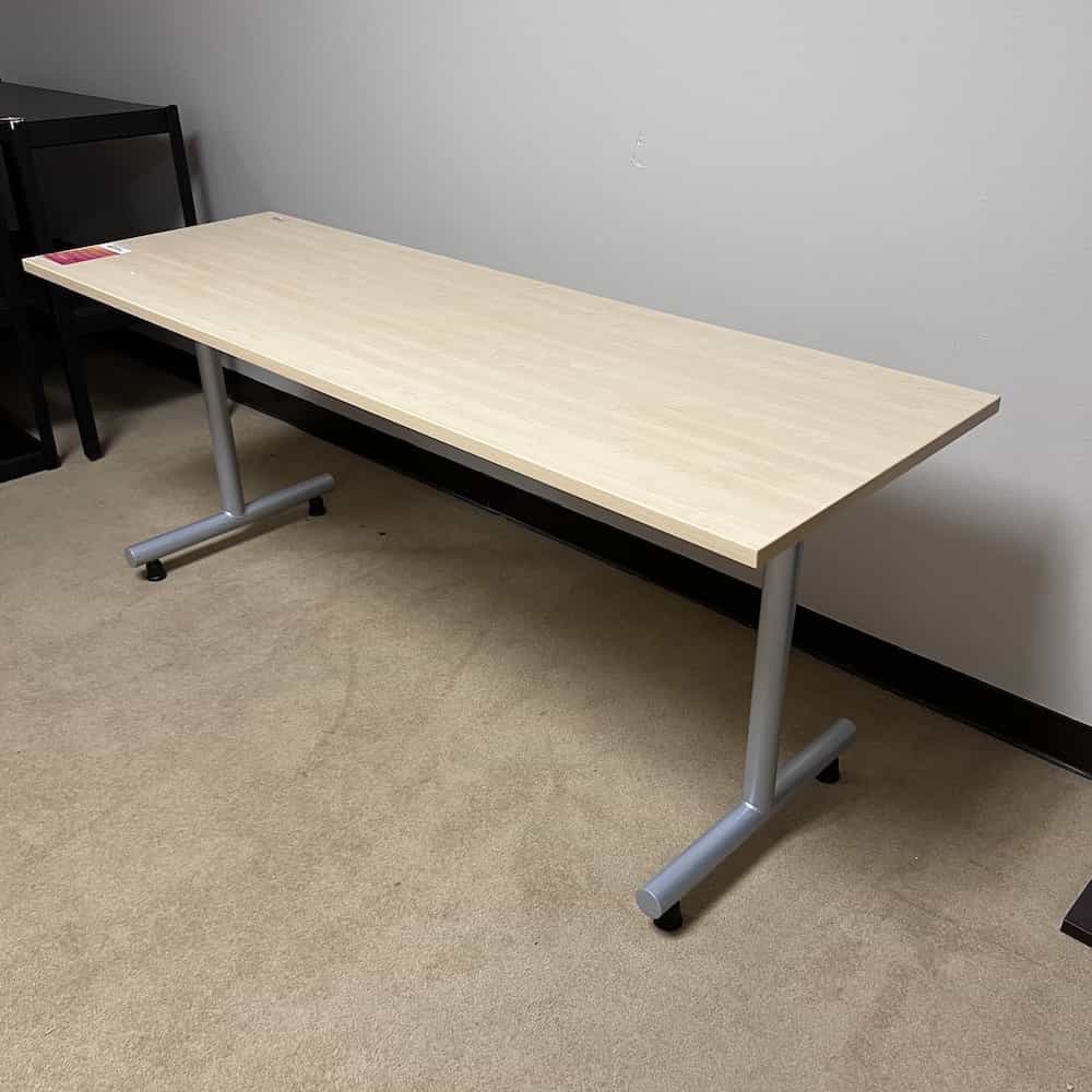 maple training table with silver legs,
