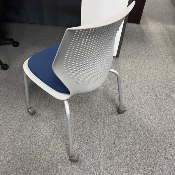Grey and Blue Stacking Chair with Wheels, back view