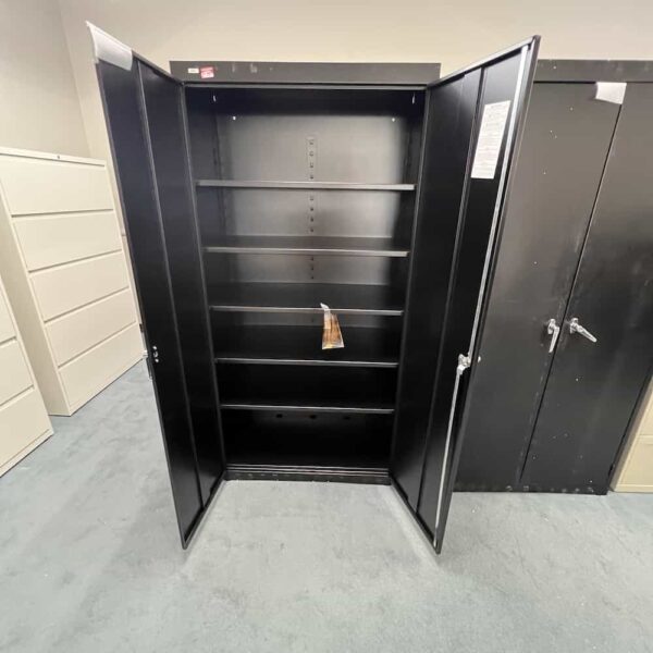 black metal 2 door storage cabinet, open