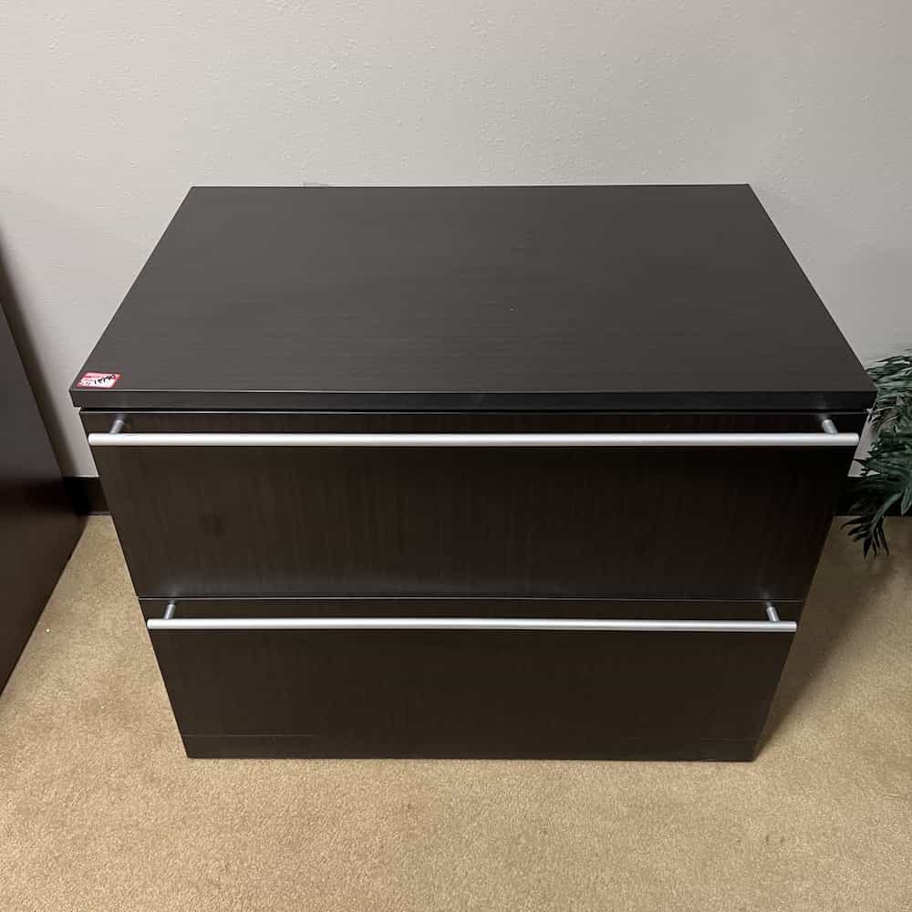 espresso 2 drawer lateral laminate cabinet with super wide silver handles