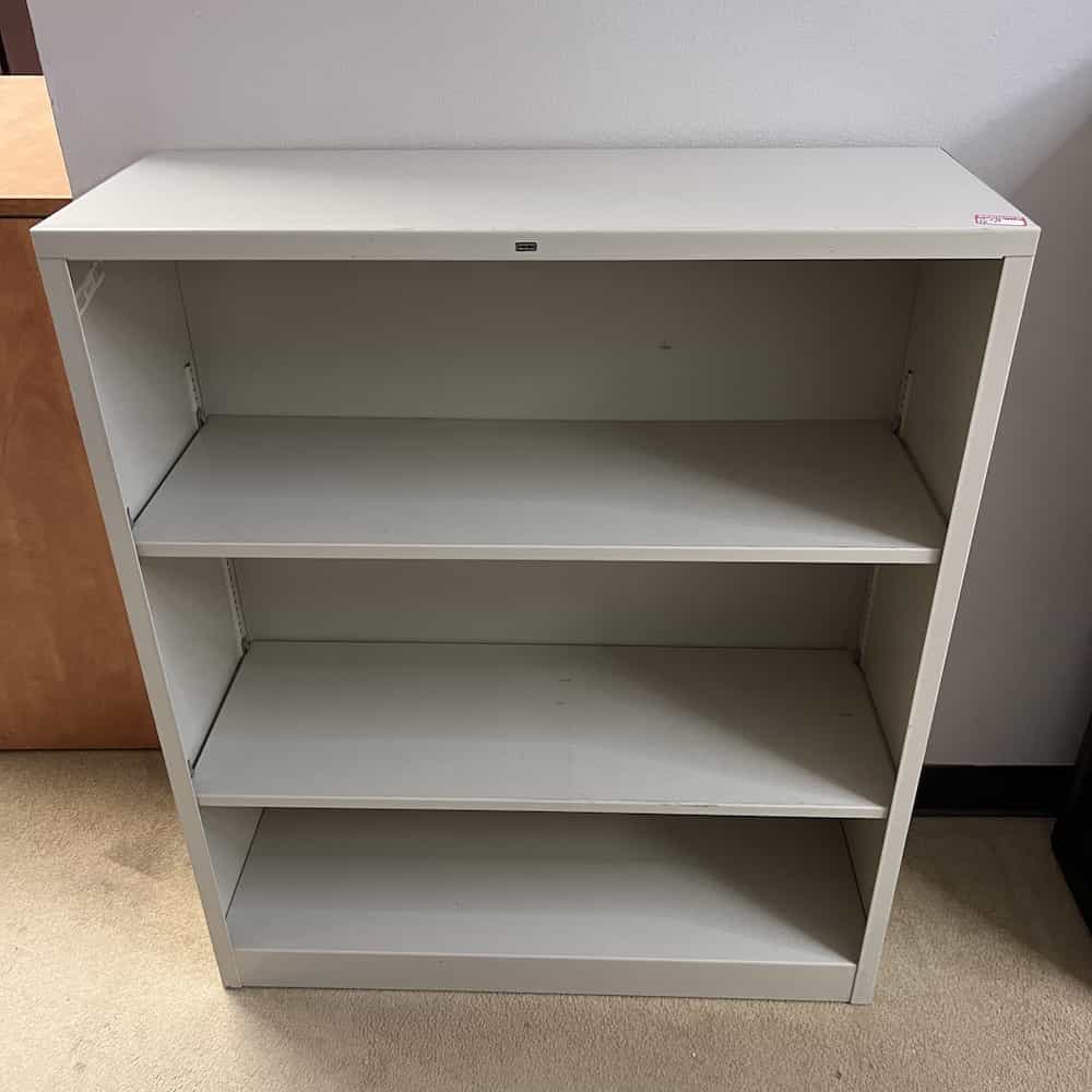 light grey metal bookcase