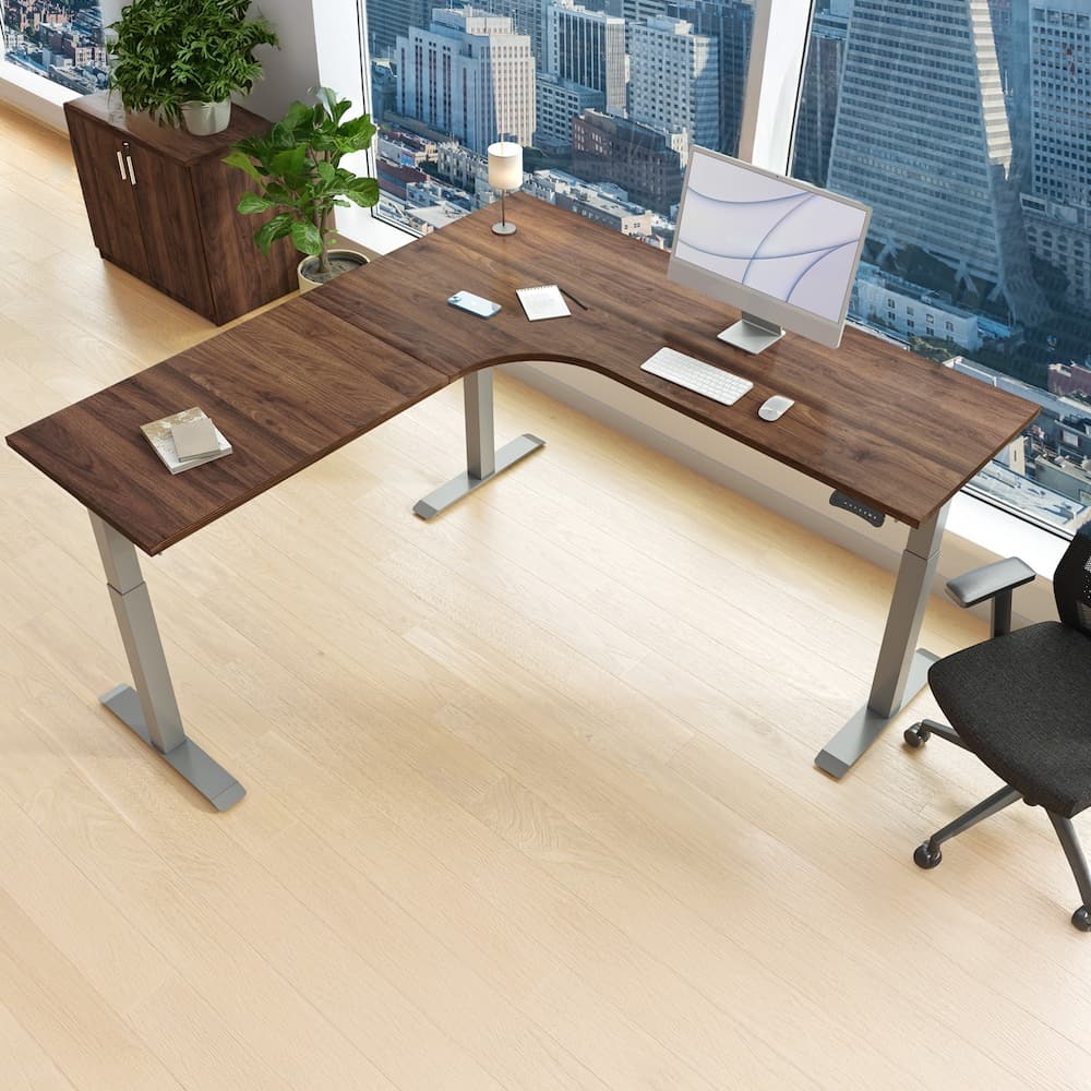 walnut grey l-shaped height adjustable with grey legs