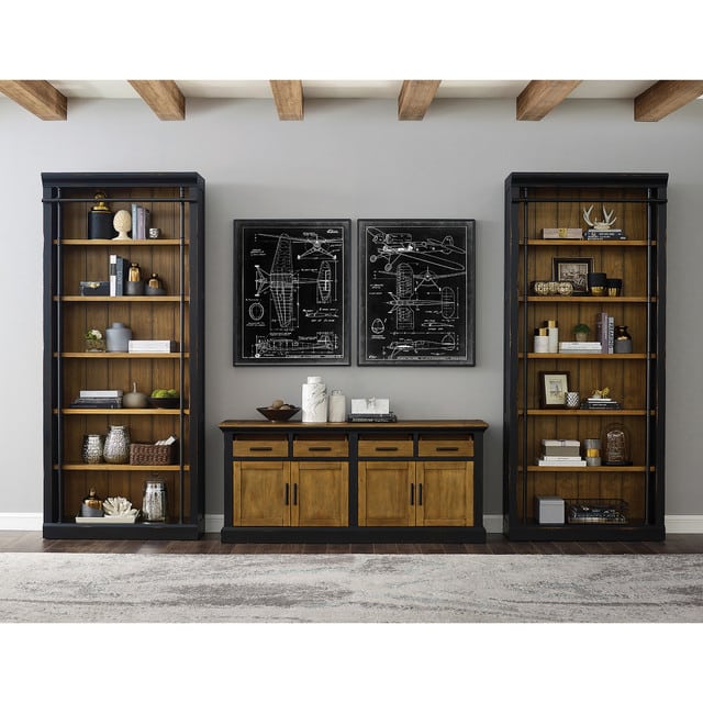 Executive Storage Credenza, 4 drawers, 2 cabinets with doors, honey and black, shown with two bookcases in a room
