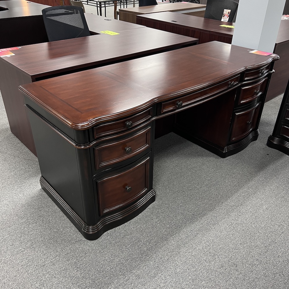 Mahogany and Espresso Two Tone Executive Credenza Desk with 1 Pedestal File