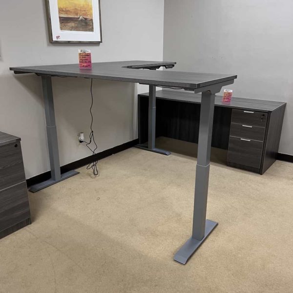 new grey height adjustable l-desk with credenza u-desk