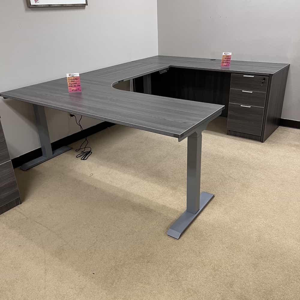 new grey height adjustable l-desk with credenza u-desk