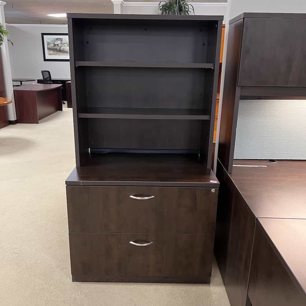 Dark Walnut and Silver 2 Drawer Lateral with Bookcase Hutch