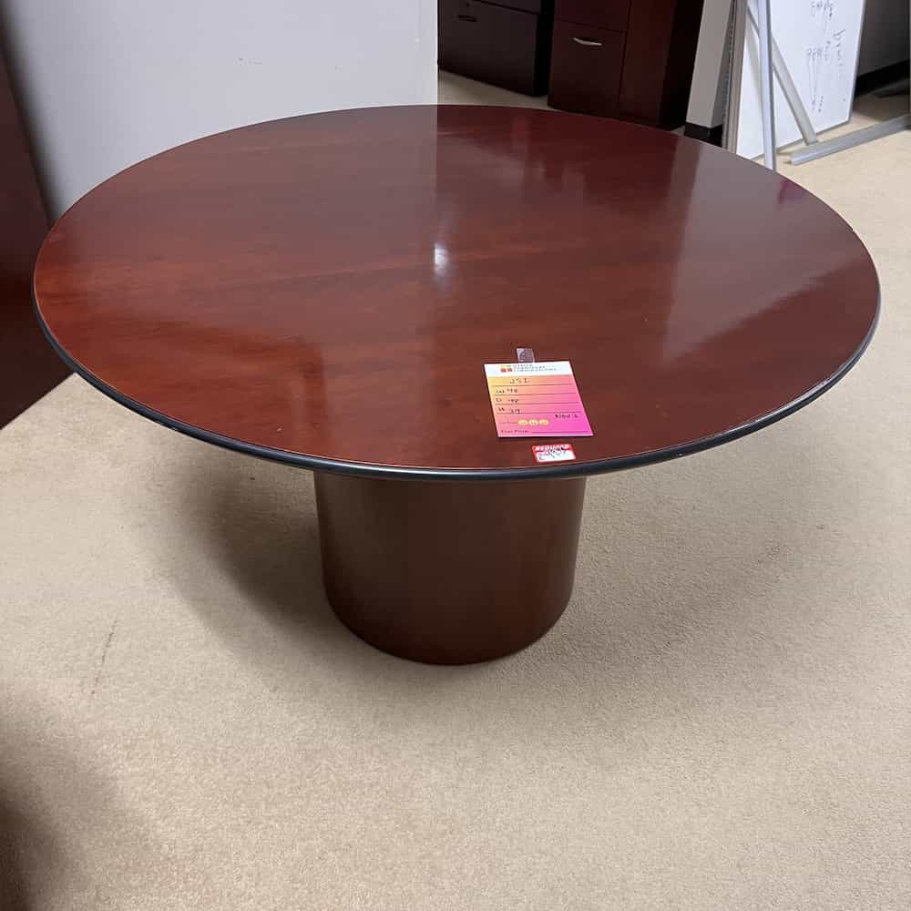 Round Break Room Table, mahogany with black around the edge, round base