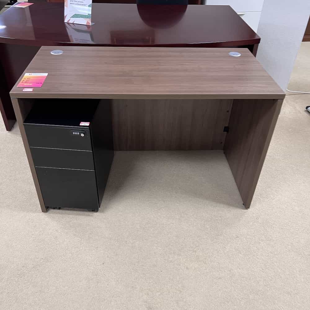 walnyt laminate small desk with a black rolling file underneath (not included)
