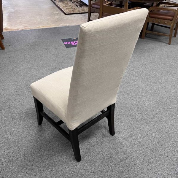 beige linen look parson chair with dark wood legs, new, back view