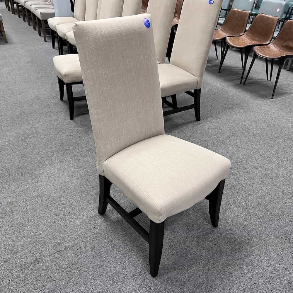 beige linen look parson chair with dark wood legs, new, front view