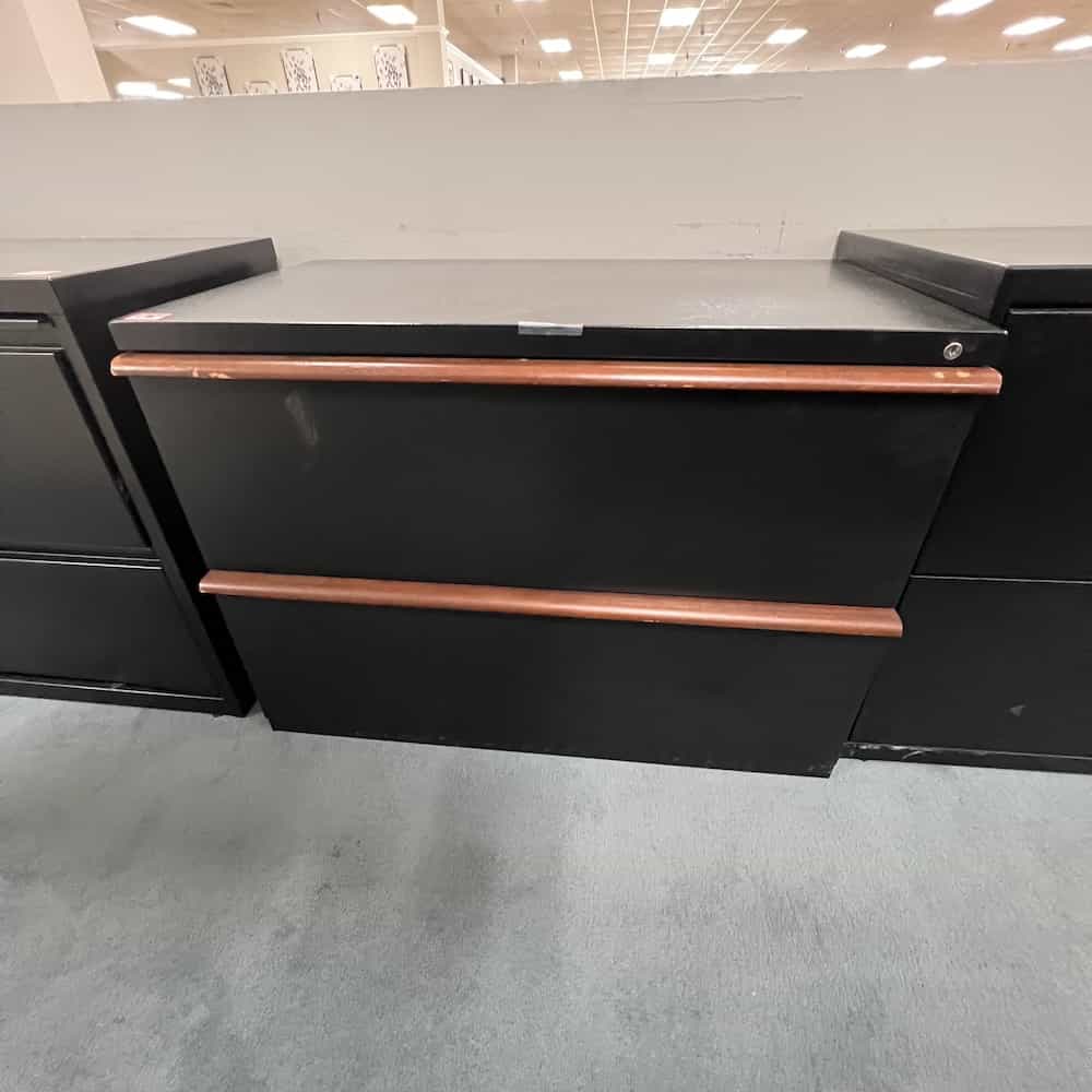 black metal 2 drawer lateral with wood veneer handles, meridian brand