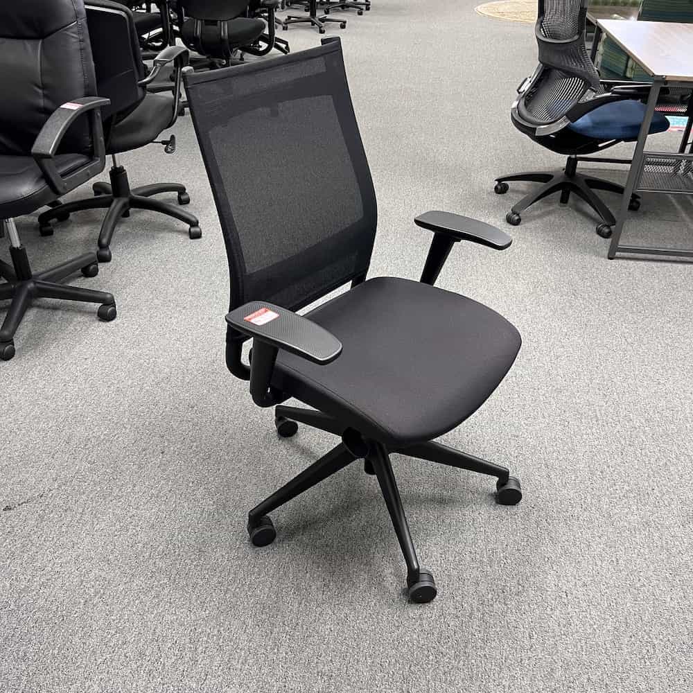 black office chair, front, mesh back