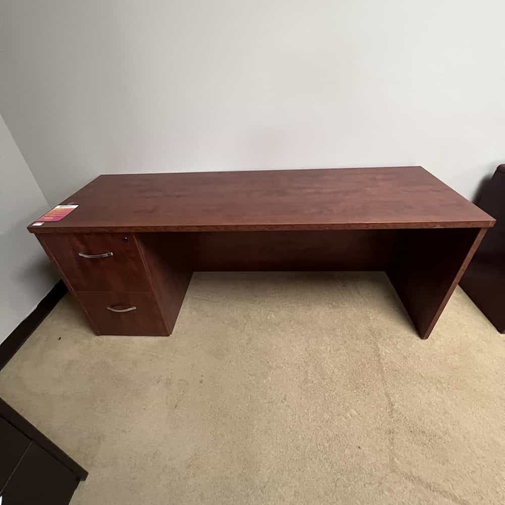 cherry credenza desk with silver pulls, files on left side