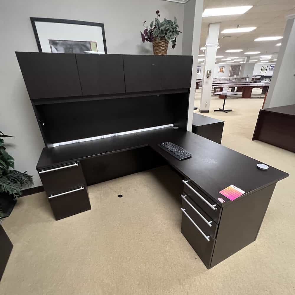 L-desk with Hutch and 2 Pedestal Files, epsresso, super long handles, white fringe