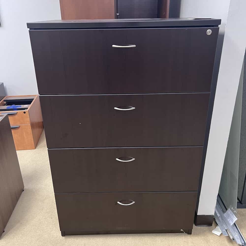 4 Drawer Lateral File, espresso with half small skinner silver handles