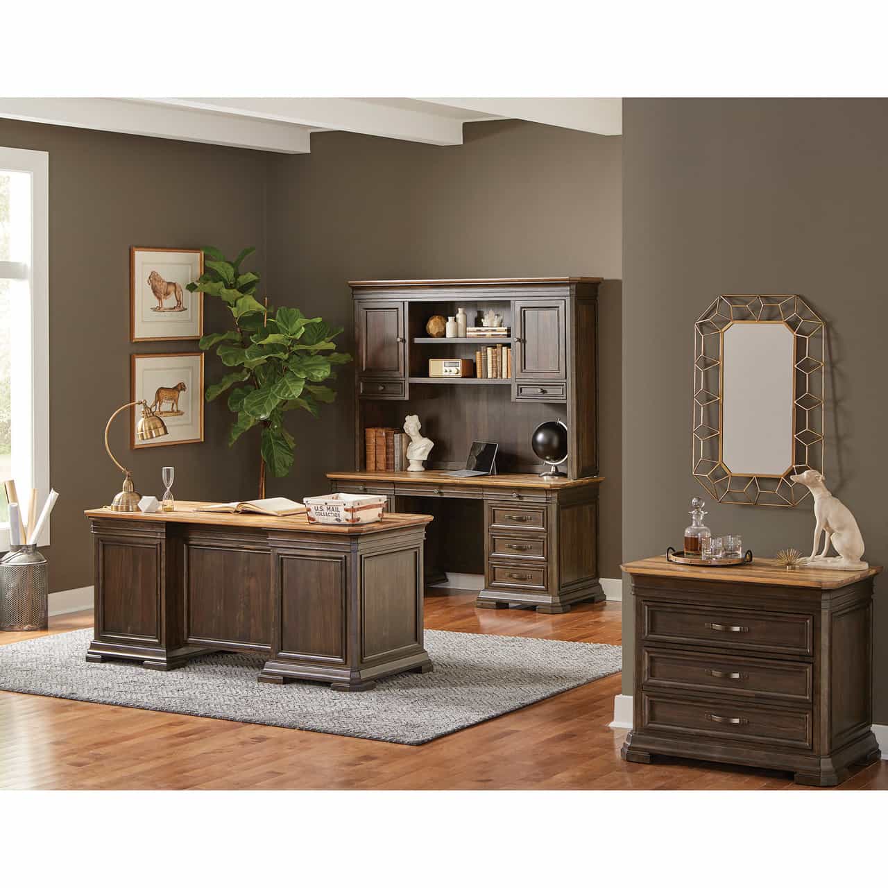 westwood collection photo, brown base with maple top, desk, credenza with hutch, 2 drawer lateral