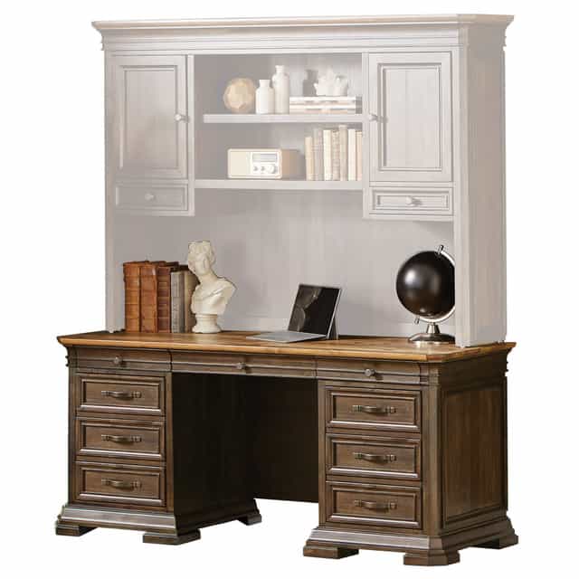 credenza for the westwood collection double pedestal, brown base, maple top, hutch in half opacity on top