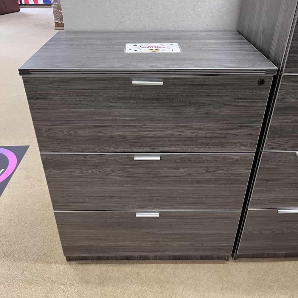 3 drawer lateral file, new, silver pulls