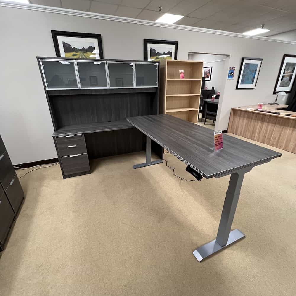 L-Desk & Credenza with Hutch, grey