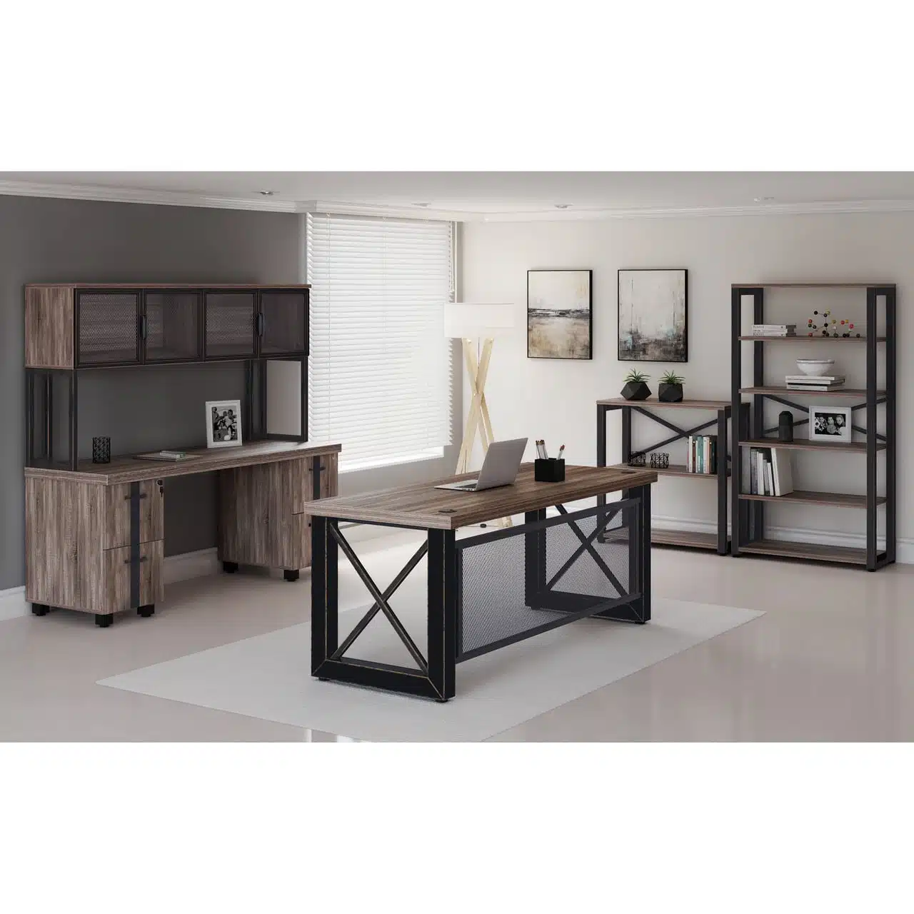 riveted collection set up in a room with desk, credenza, hutch, and bookcase