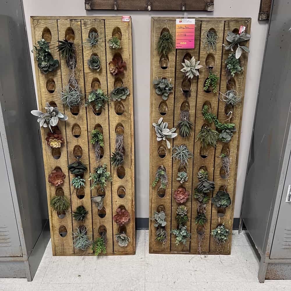 Decorative Wine Bottle Wall Rack with faux plant succulents in the holes. Rustic
