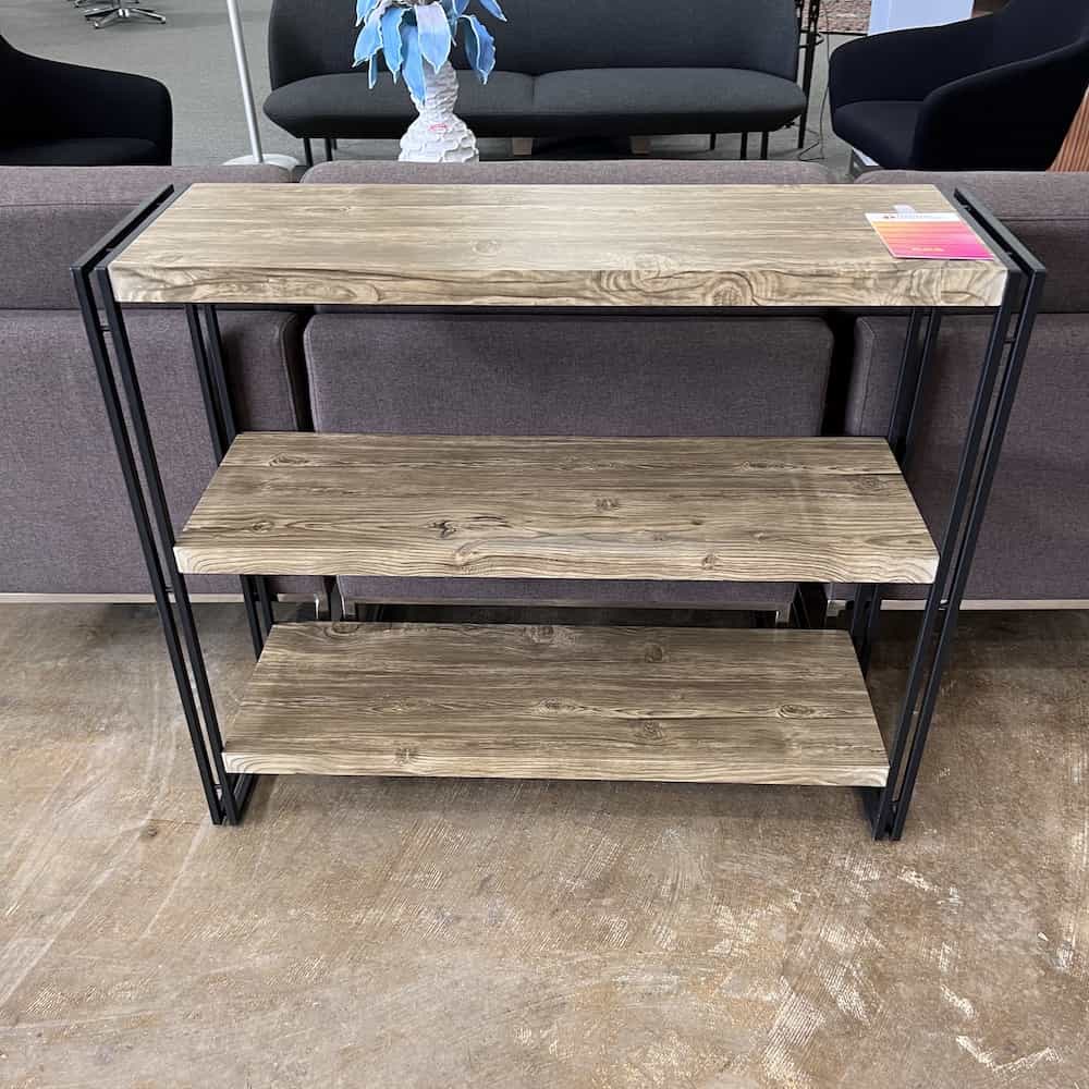 Industrial Bookcase, black metal sides, 3 walnut shelves, short