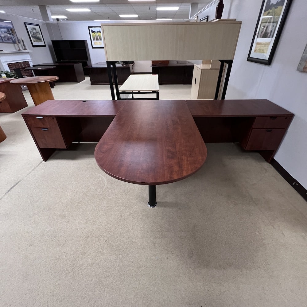 cherry 2 Person Workstation desk with bullnose center