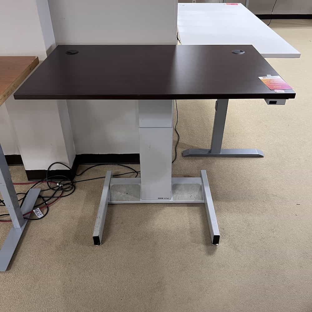 espresso top small height adjustable desk, silver grey base
